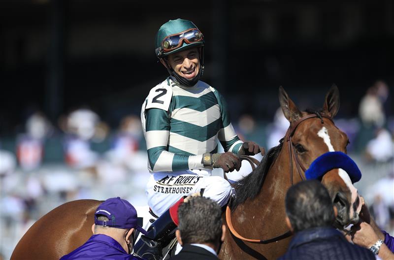 LEXINGTON, KENTUCKY - NOVEMBER 07:   John Velazquez celebrates after riding Gamine to victory in the Filly and Mare Sprint during 2020 Breeders' Cup at Keeneland on November 07, 2020 in Lexington, Kentucky. (Photo by Andy Lyons/Getty Images)