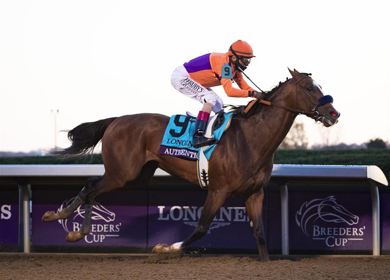 LEXINGTON, KY - NOVEMBER 07: Authentic, ridden by John Velazquez, wins the Breeders Cup Classic at Keenland on November 7, 2020 in Lexington, Kentucky. (Photo by Bobby Ellis/Getty Images)
