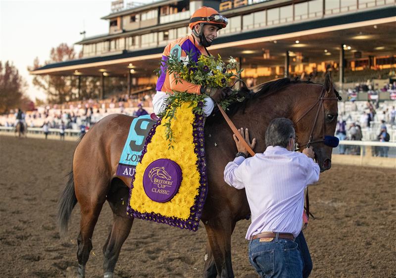 LEXINGTON, KY - NOVEMBER 07: John Velazquez walks Authentic to the winners circle after winning the Breeders Cup Classic at Keenland on November 7, 2020 in Lexington, Kentucky. (Photo by Bobby Ellis/Getty Images)