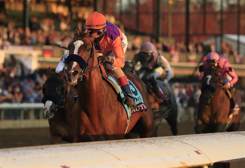 LEXINGTON, KENTUCKY - NOVEMBER 07:   Authentic with John Velazquez aboard runs to victory in the Breeders' Cup Classic during 2020 Breeders' Cup at Keeneland on November 07, 2020 in Lexington, Kentucky. (Photo by Andy Lyons/Getty Images)