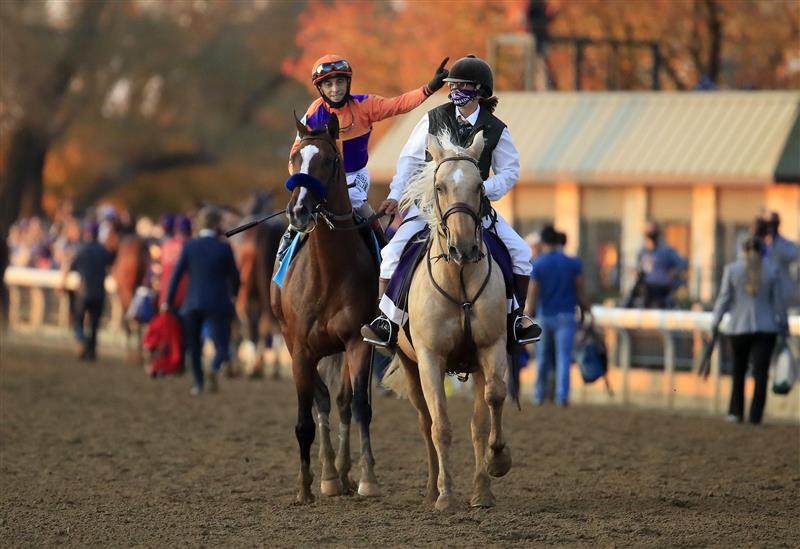 LEXINGTON, KENTUCKY - NOVEMBER 07:  John Velazquez celebrates after riding Authentic to victory in the Breeders' Cup Classic during 2020 Breeders' Cup at Keeneland on November 07, 2020 in Lexington, Kentucky. (Photo by Andy Lyons/Getty Images)