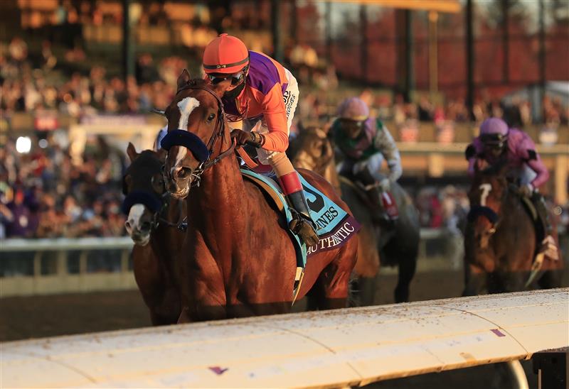 LEXINGTON, KENTUCKY - NOVEMBER 07:   Authentic with John Velazquez aboard runs to victory in the Breeders' Cup Classic during 2020 Breeders' Cup at Keeneland on November 07, 2020 in Lexington, Kentucky. (Photo by Andy Lyons/Getty Images)
