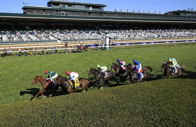 LEXINGTON, KENTUCKY - NOVEMBER 07:   The field runs on the front stretch in the Breeders,'Cup Filly and Mare Turf during 2020 Breeders' Cup at Keeneland on November 07, 2020 in Lexington, Kentucky. (Photo by Andy Lyons/Getty Images)