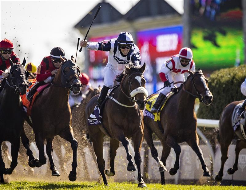 LEXINGTON, KY - NOVEMBER 07: Tom Eaves, riding Glass Slippers, celebrates as he crosses the finish line to win the Turf Sprint on the second day of the Breeders Cup at Keenland on November 6, 2020 in Lexington, Kentucky. (Photo by Bobby Ellis/Getty Images)