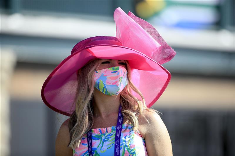 LEXINGTON, KENTUCKY - NOVEMBER 07:   A fan watches the action during 2020 Breeders' Cup at Keeneland on November 07, 2020 in Lexington, Kentucky. (Photo by Andy Lyons/Getty Images)