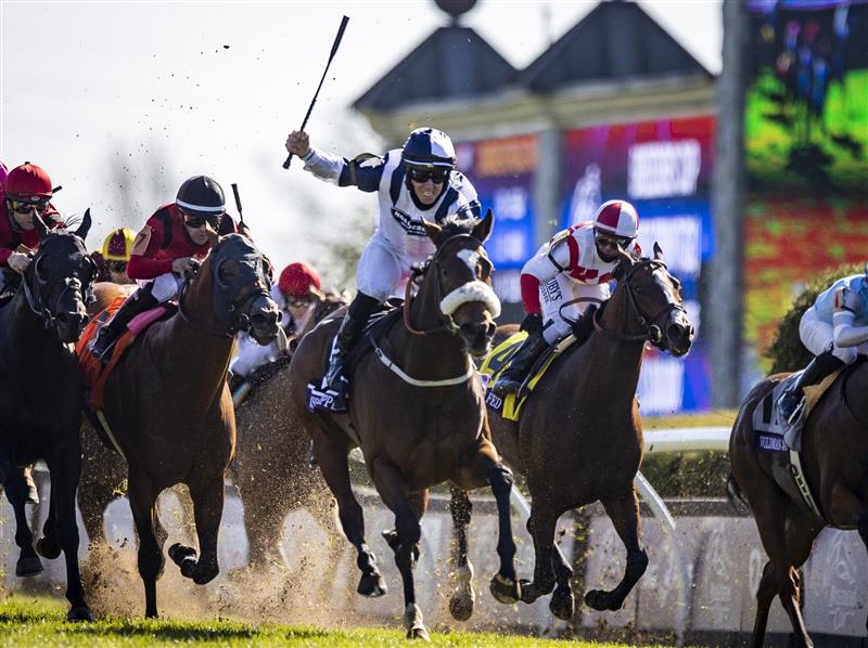 LEXINGTON, KY - NOVEMBER 07: Tom Eaves, riding Glass Slippers, celebrates as he crosses the finish line to win the Turf Sprint on the second day of the Breeders Cup at Keenland on November 6, 2020 in Lexington, Kentucky. (Photo by Bobby Ellis/Getty Images)
