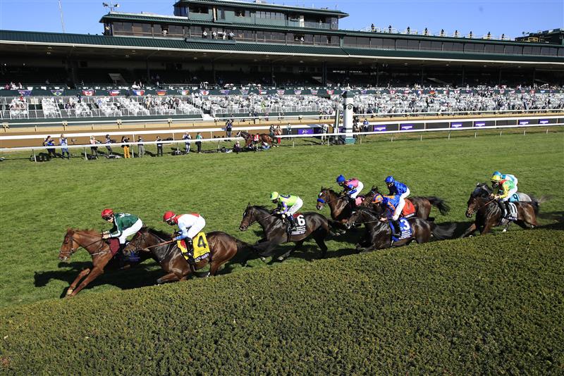 LEXINGTON, KENTUCKY - NOVEMBER 07:   The field runs on the front stretch in the Breeders,'Cup Filly and Mare Turf during 2020 Breeders' Cup at Keeneland on November 07, 2020 in Lexington, Kentucky. (Photo by Andy Lyons/Getty Images)
