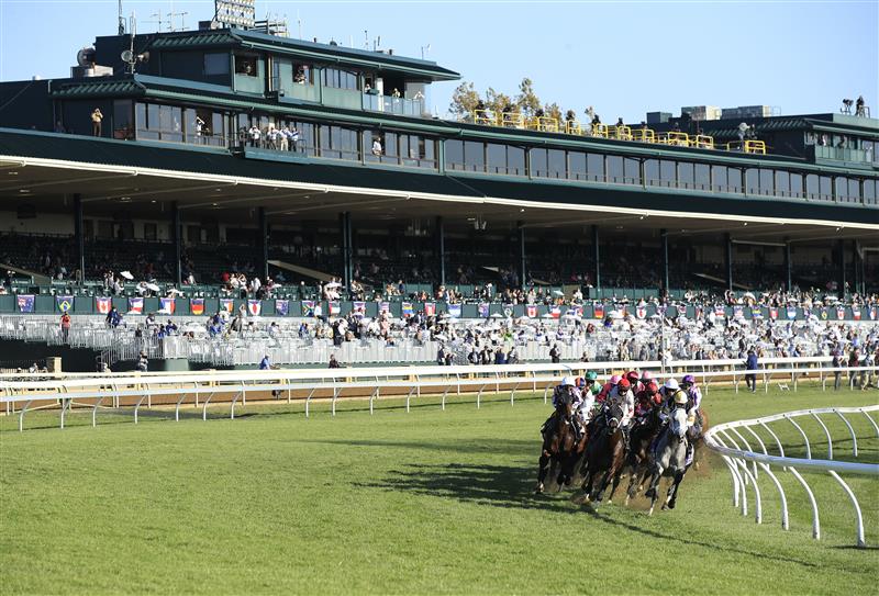 LEXINGTON, KENTUCKY - NOVEMBER 07:   The field rounds the first turn in the Breeders' Cup Mile during 2020 Breeders' Cup at Keeneland on November 07, 2020 in Lexington, Kentucky. (Photo by Andy Lyons/Getty Images)