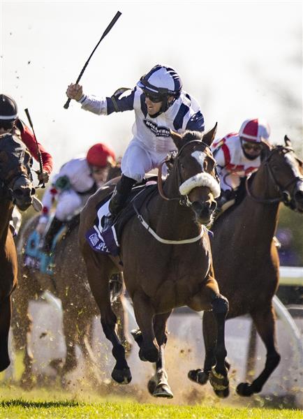 LEXINGTON, KY - NOVEMBER 07: Tom Eaves, riding Glass Slippers, celebrates as he crosses the finish line to win the Turf Sprint on the second day of the Breeders Cup at Keenland on November 6, 2020 in Lexington, Kentucky. (Photo by Bobby Ellis/Getty Images)