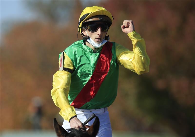 LEXINGTON, KENTUCKY - NOVEMBER 07:   Pierre-Charles Boudot celebrates after riding Audarya to victory in the Breeders,'Cup Filly and Mare Turf during 2020 Breeders' Cup at Keeneland on November 07, 2020 in Lexington, Kentucky. (Photo by Andy Lyons/Getty Images)