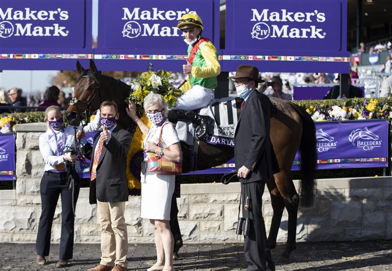 LEXINGTON, KY - NOVEMBER 07: Pierre-Charles Boudot celebrates after winning the Breeders Cup Filly and Mare Turf race on Audarya at Keenland on November 6, 2020 in Lexington, Kentucky. (Photo by Bobby Ellis/Getty Images)