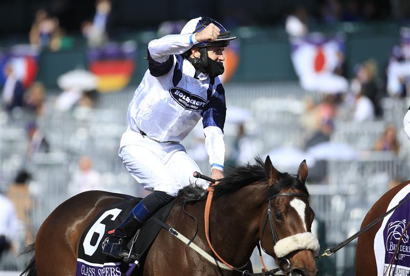 LEXINGTON, KENTUCKY - NOVEMBER 07:    Tom Eaves celebrates after riding Glass Slippers to victory in the Turf Sprint during 2020 Breeders' Cup at Keeneland on November 07, 2020 in Lexington, Kentucky. (Photo by Andy Lyons/Getty Images)