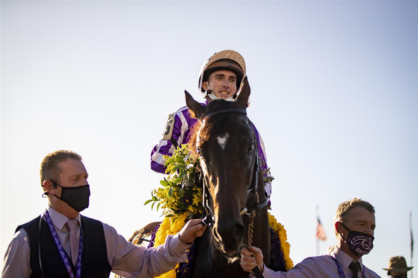 LEXINGTON, KY - NOVEMBER 07: Christophe Soumillon, riding Order of Australia, celebrates after winning the Breeders Cup Mile at Keenland on November 6, 2020 in Lexington, Kentucky. (Photo by Bobby Ellis/Getty Images)