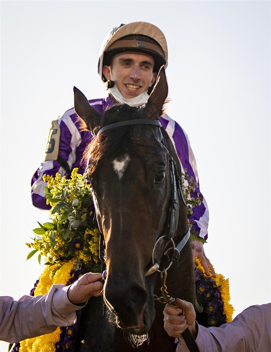 LEXINGTON, KY - NOVEMBER 07: Christophe Soumillon, riding Order of Australia, celebrates after winning the Breeders Cup Mile at Keenland on November 6, 2020 in Lexington, Kentucky. (Photo by Bobby Ellis/Getty Images)