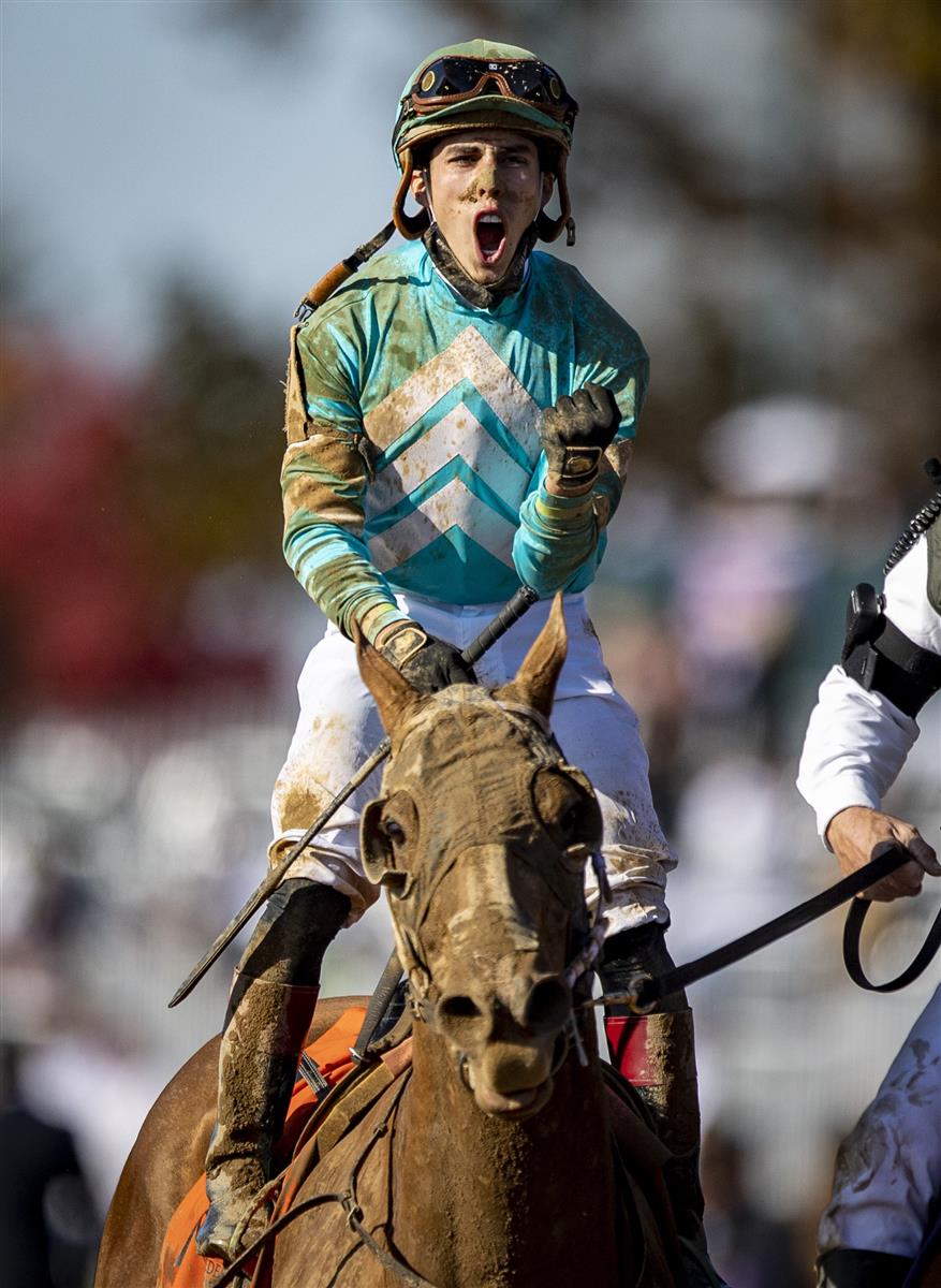 LEXINGTON, KY - NOVEMBER 07: Irad Ortiz, Jr. celebrates after riding Whitmore to victory in the Breeders Cup Sprint. at Keenland on November 6, 2020 in Lexington, Kentucky. (Photo by Bobby Ellis/Getty Images)