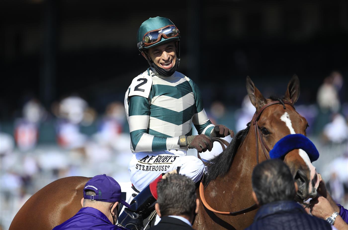 LEXINGTON, KENTUCKY - NOVEMBER 07:   John Velazquez celebrates after riding Gamine to victory in the Filly and Mare Sprint during 2020 Breeders' Cup at Keeneland on November 07, 2020 in Lexington, Kentucky. (Photo by Andy Lyons/Getty Images)