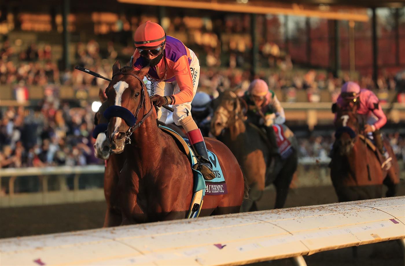 LEXINGTON, KENTUCKY - NOVEMBER 07:   Authentic with John Velazquez aboard runs to victory in the Breeders' Cup Classic during 2020 Breeders' Cup at Keeneland on November 07, 2020 in Lexington, Kentucky. (Photo by Andy Lyons/Getty Images)