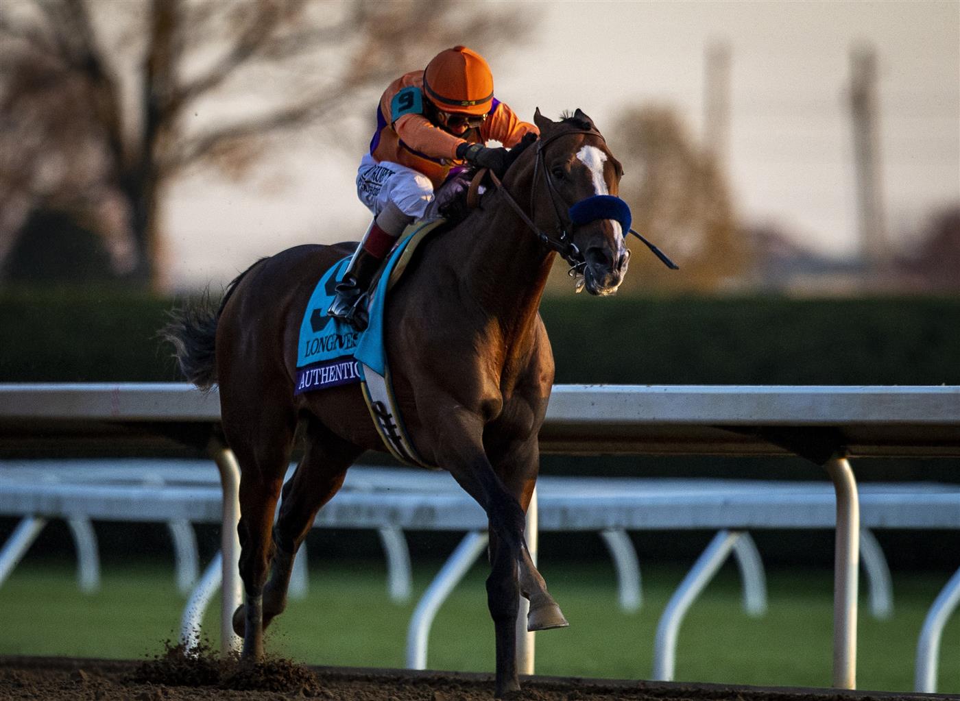 LEXINGTON, KY - NOVEMBER 07: Authentic, ridden by John Velazquez races towards the finish line during the Breeders Cup Classic at Keenland on November 7, 2020 in Lexington, Kentucky. (Photo by Bobby Ellis/Getty Images)