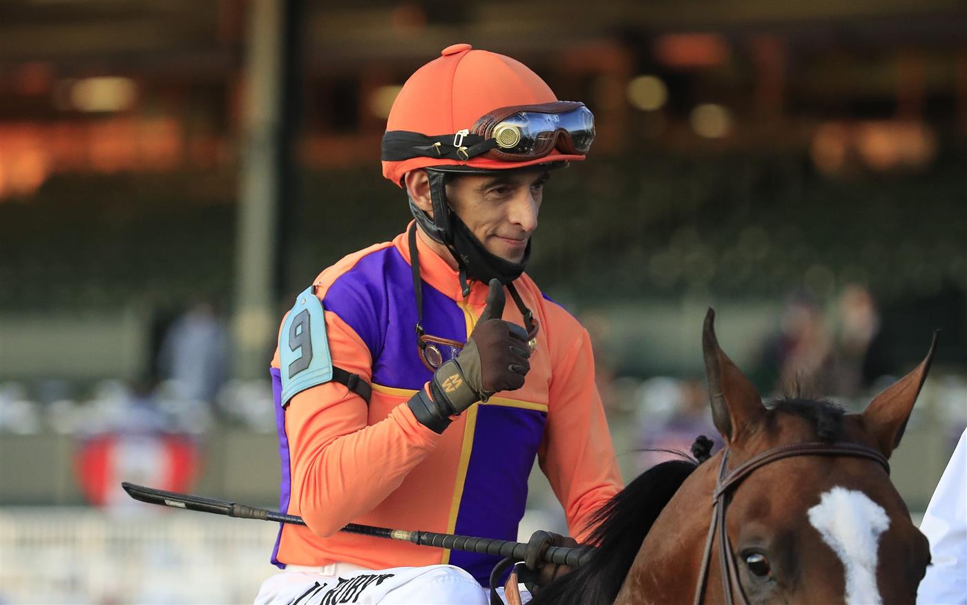LEXINGTON, KENTUCKY - NOVEMBER 07:  John Velazquez celebrates after riding Authentic to victory in the Breeders' Cup Classic during 2020 Breeders' Cup at Keeneland on November 07, 2020 in Lexington, Kentucky. (Photo by Andy Lyons/Getty Images)
