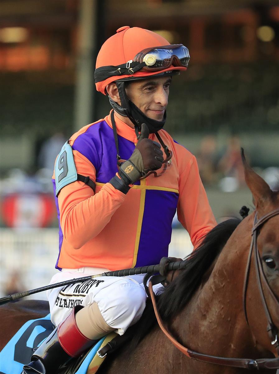 LEXINGTON, KENTUCKY - NOVEMBER 07:  John Velazquez celebrates after riding Authentic to victory in the Breeders' Cup Classic during 2020 Breeders' Cup at Keeneland on November 07, 2020 in Lexington, Kentucky. (Photo by Andy Lyons/Getty Images)