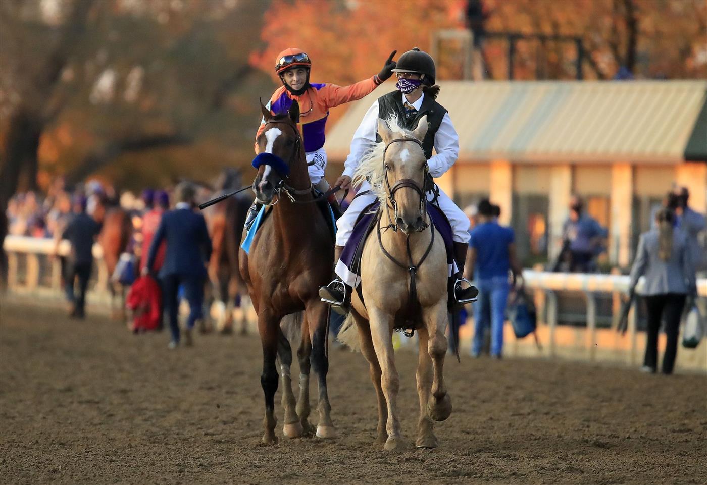 LEXINGTON, KENTUCKY - NOVEMBER 07:  John Velazquez celebrates after riding Authentic to victory in the Breeders' Cup Classic during 2020 Breeders' Cup at Keeneland on November 07, 2020 in Lexington, Kentucky. (Photo by Andy Lyons/Getty Images)