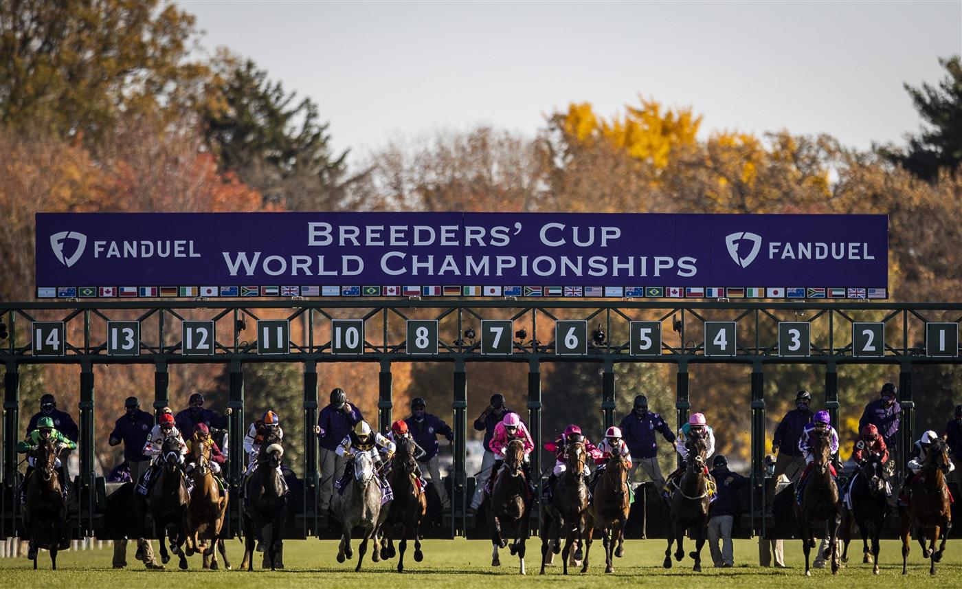 LEXINGTON, KY - NOVEMBER 07: The horses leave the gate at the start of the Breeders Cup Mile at Keenland on November 6, 2020 in Lexington, Kentucky. (Photo by Bobby Ellis/Getty Images)***Local Caption***