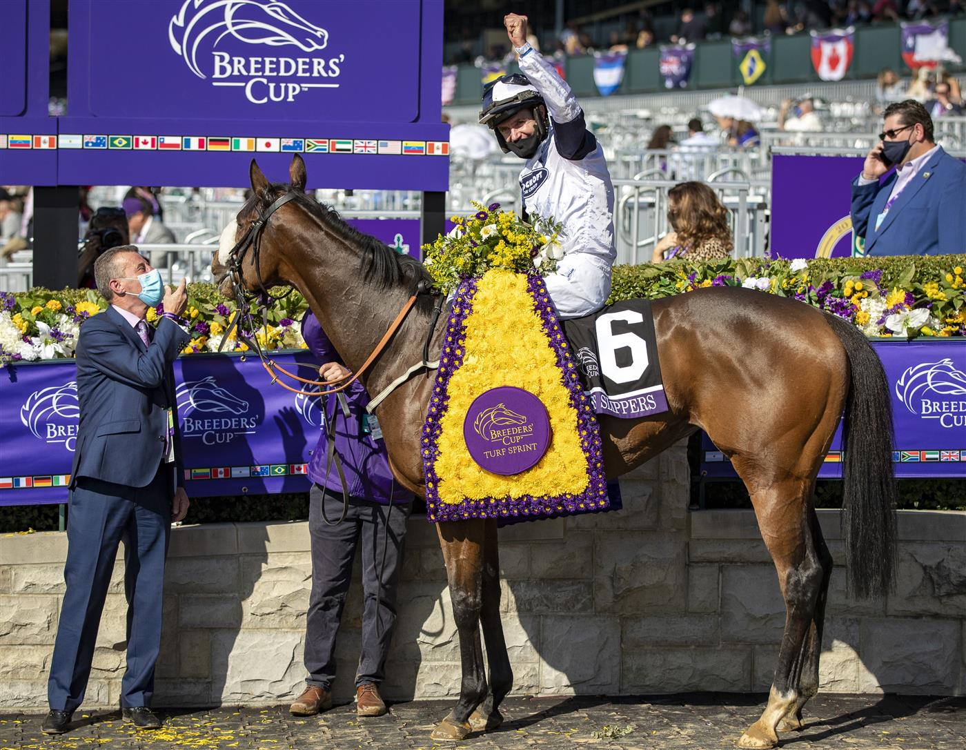 LEXINGTON, KY - NOVEMBER 07: Tom Eaves, riding Glass Slippers, celebrates after winning the Turf Sprint on the second day of the Breeders Cup Championships at Keenland on November 6, 2020 in Lexington, Kentucky. (Photo by Bobby Ellis/Getty Images)
