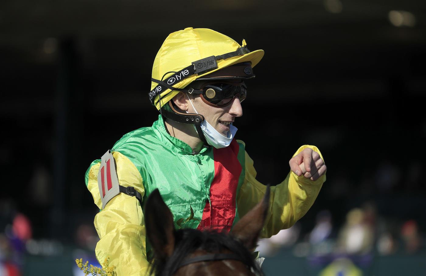 LEXINGTON, KENTUCKY - NOVEMBER 07:   Pierre-Charles Boudot celebrates after riding Audarya to victory in the Breeders,'Cup Filly and Mare Turf during 2020 Breeders' Cup at Keeneland on November 07, 2020 in Lexington, Kentucky. (Photo by Andy Lyons/Getty Images)