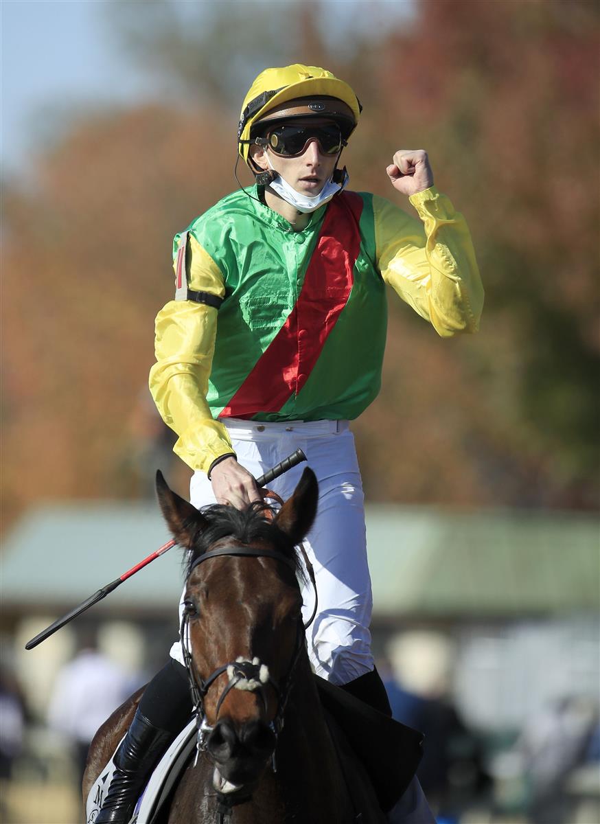 LEXINGTON, KENTUCKY - NOVEMBER 07:   Pierre-Charles Boudot celebrates after riding Audarya to victory in the Breeders,'Cup Filly and Mare Turf during 2020 Breeders' Cup at Keeneland on November 07, 2020 in Lexington, Kentucky. (Photo by Andy Lyons/Getty Images)