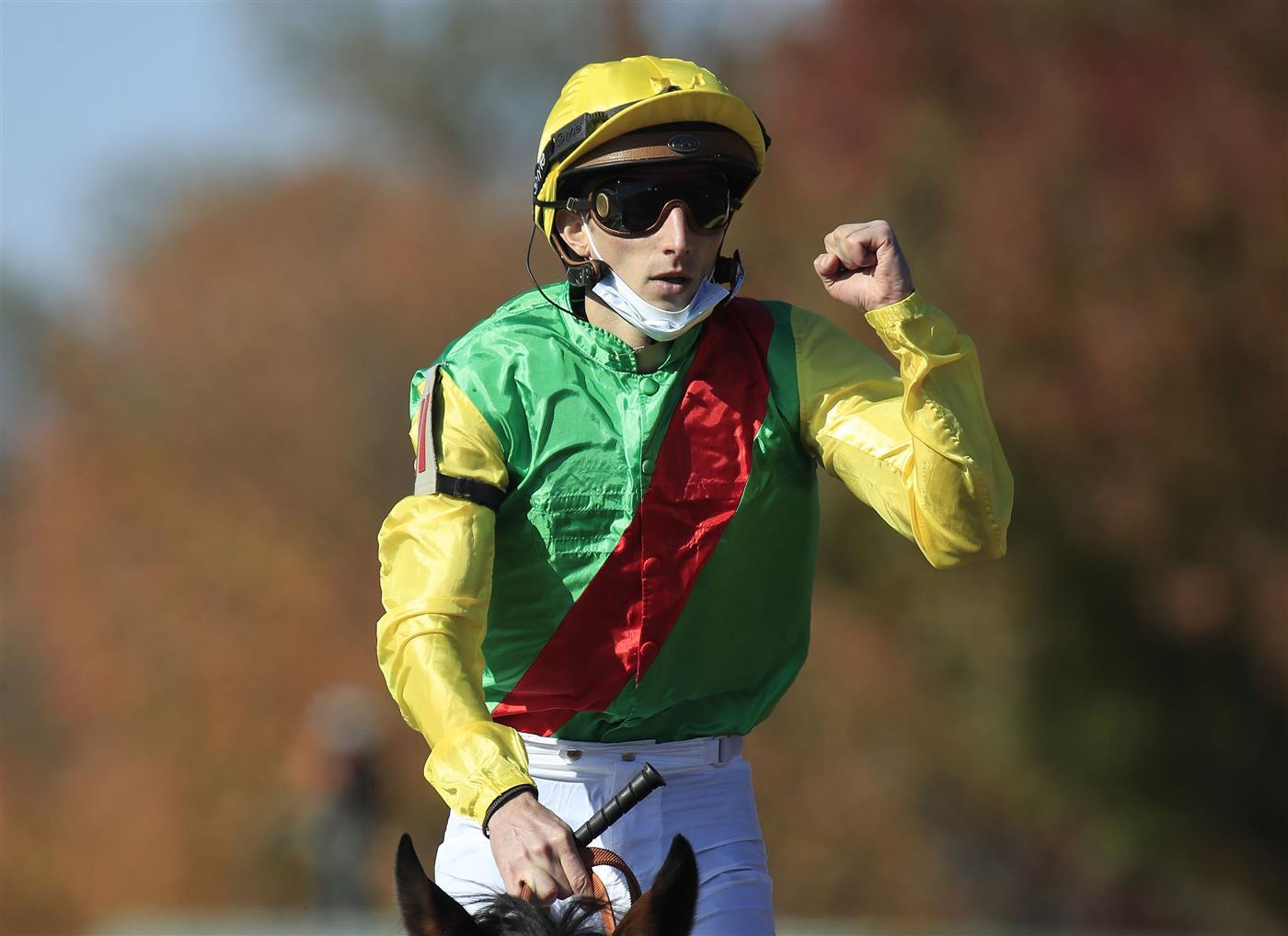 LEXINGTON, KENTUCKY - NOVEMBER 07:   Pierre-Charles Boudot celebrates after riding Audarya to victory in the Breeders,'Cup Filly and Mare Turf during 2020 Breeders' Cup at Keeneland on November 07, 2020 in Lexington, Kentucky. (Photo by Andy Lyons/Getty Images)