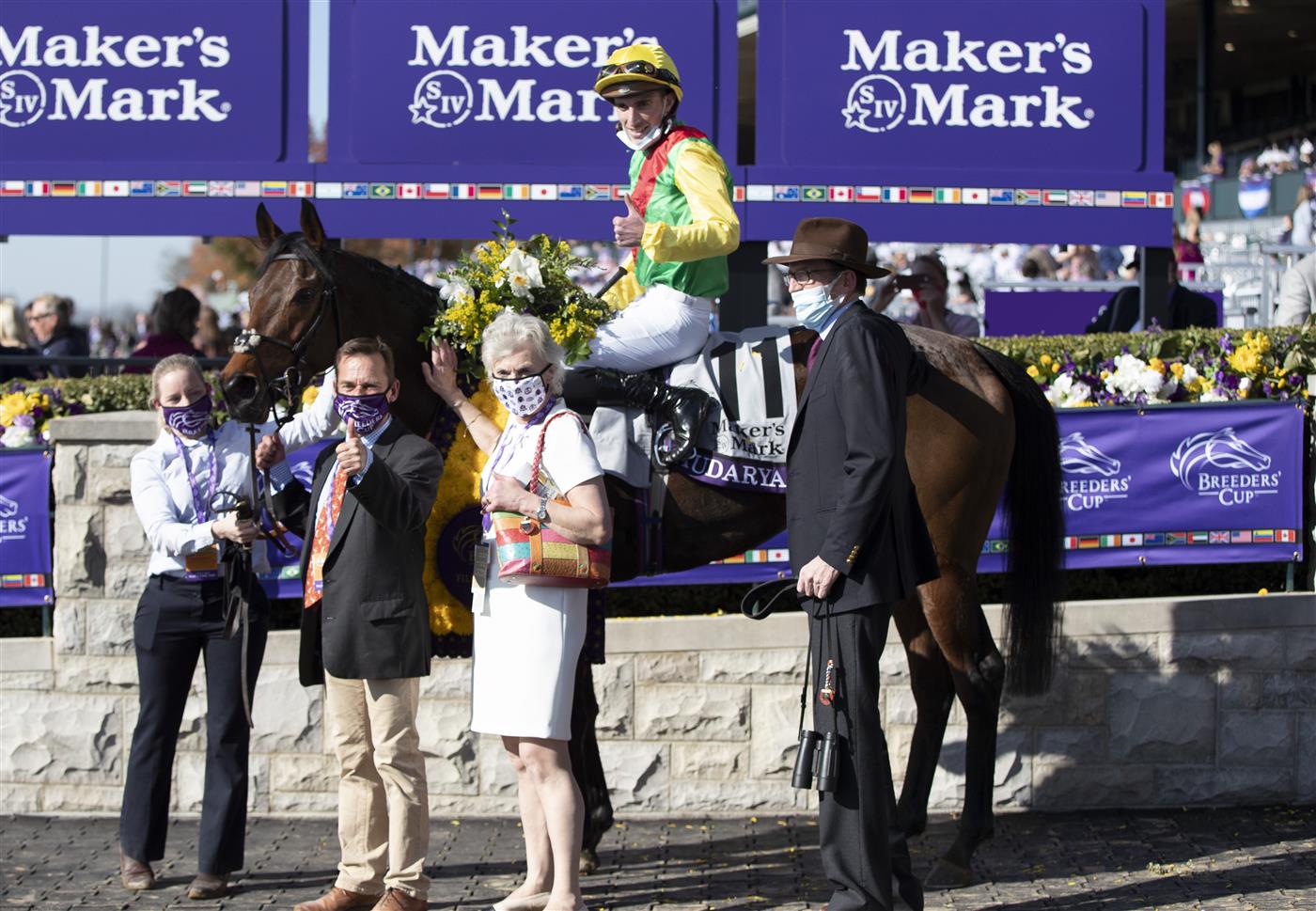 LEXINGTON, KY - NOVEMBER 07: Pierre-Charles Boudot celebrates after winning the Breeders Cup Filly and Mare Turf race on Audarya at Keenland on November 6, 2020 in Lexington, Kentucky. (Photo by Bobby Ellis/Getty Images)