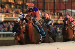 LEXINGTON, KENTUCKY - NOVEMBER 07:   Authentic with John Velazquez aboard runs to victory in the Breeders' Cup Classic during 2020 Breeders' Cup at Keeneland on November 07, 2020 in Lexington, Kentucky. (Photo by Andy Lyons/Getty Images)