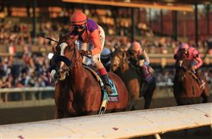 LEXINGTON, KENTUCKY - NOVEMBER 07:   Authentic with John Velazquez aboard runs to victory in the Breeders' Cup Classic during 2020 Breeders' Cup at Keeneland on November 07, 2020 in Lexington, Kentucky. (Photo by Andy Lyons/Getty Images)