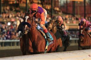 LEXINGTON, KENTUCKY - NOVEMBER 07:   Authentic with John Velazquez aboard runs to victory in the Breeders' Cup Classic during 2020 Breeders' Cup at Keeneland on November 07, 2020 in Lexington, Kentucky. (Photo by Andy Lyons/Getty Images)