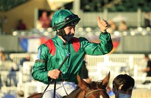 LEXINGTON, KENTUCKY - NOVEMBER 07:   Christophe Soumilion celebrates after riding Tarnawa #3 to victory in the Breeders' Cup Turf during 2020 Breeders' Cup at Keeneland on November 07, 2020 in Lexington, Kentucky. (Photo by Andy Lyons/Getty Images)