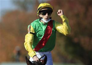 LEXINGTON, KENTUCKY - NOVEMBER 07:   Pierre-Charles Boudot celebrates after riding Audarya to victory in the Breeders,'Cup Filly and Mare Turf during 2020 Breeders' Cup at Keeneland on November 07, 2020 in Lexington, Kentucky. (Photo by Andy Lyons/Getty Images)