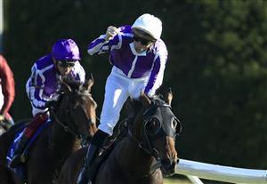 LEXINGTON, KENTUCKY - NOVEMBER 07:   Christophe Soumilion celebrates after riding Order of Australia to victory in the Breeders' Cup Mile during 2020 Breeders' Cup at Keeneland on November 07, 2020 in Lexington, Kentucky. (Photo by Andy Lyons/Getty Images)