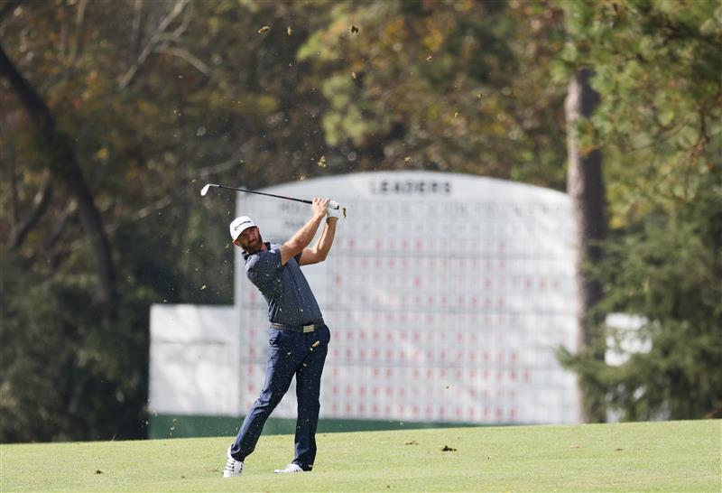 Dustin Johnson plays a shot on the 14th hole during the final round of the Masters at Augusta National Golf Club (Photo by Getty Images)