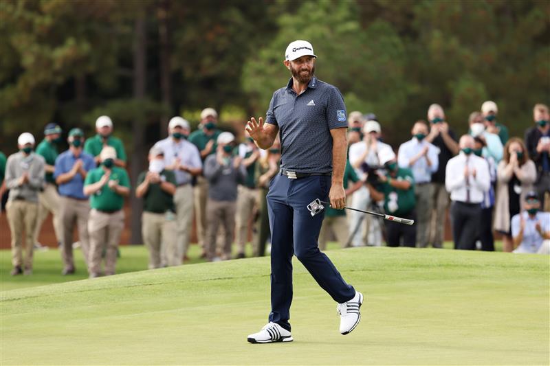Dustin Johnson reacts on the 18th green after winning the Masters at Augusta National Golf Club (Photo by Getty Images)