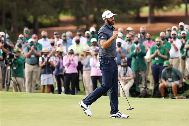 Dustin Johnson reacts on the 18th green after winning the Masters at Augusta National Golf Club (Photo by Getty Images)