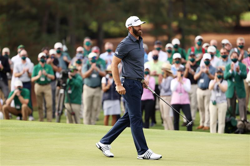 Dustin Johnson reacts on the 18th green after winning the Masters at Augusta National Golf Club (Photo by Getty Images)