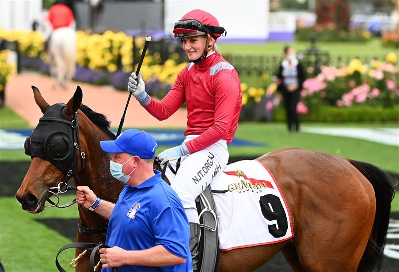 Jamie Kah riding Victoria Quay returns to scale victorious in race two the G.h.Mumm Wakeful Stakes during 2020 AAMI Victoria Derby Day at Flemington Racecourse (Getty Images)