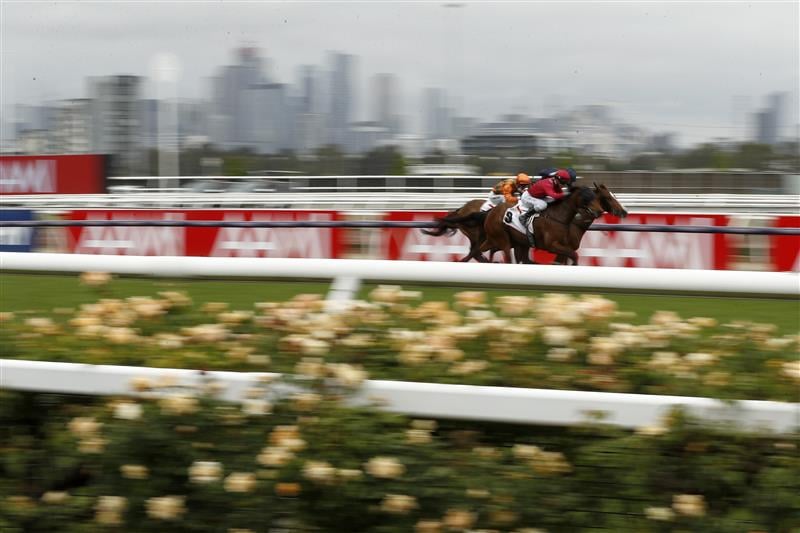 Jamie Kah riding Victoria Quay wins race two the G.h.Mumm Wakeful Stakes  during 2020 AAMI Victoria Derby Day at Flemington Racecourse (Getty Images)