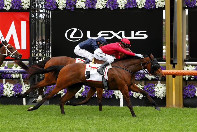 Jamie Kah riding Victoria Quay wins race two the G.h.Mumm Wakeful Stakes  during 2020 AAMI Victoria Derby Day at Flemington Racecourse (Getty Images)