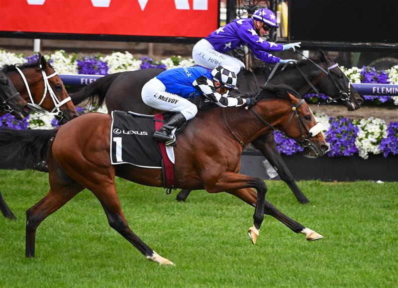 Jamie Kah is narrowly defeated aboard Sound in the Group 3 Hotham Handicap during 2020 AAMI Victoria Derby Day at Flemington Racecourse (Getty Images)