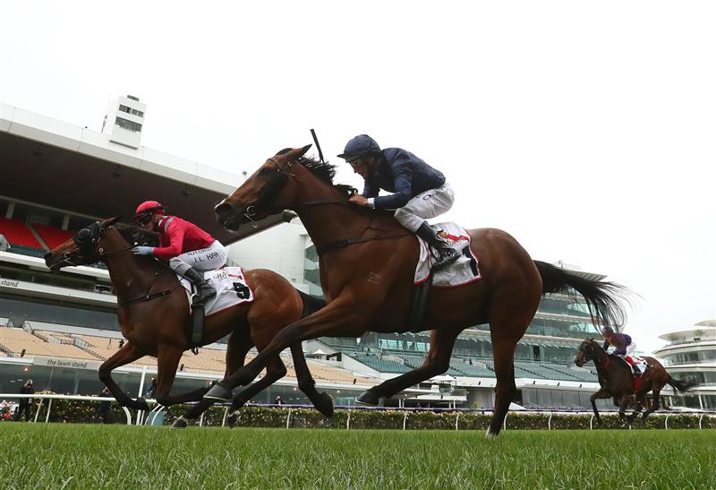 Jamie Kah riding Victoria Quay wins race two the G.h.Mumm Wakeful Stakes  during 2020 AAMI Victoria Derby Day at Flemington Racecourse (Getty Images)
