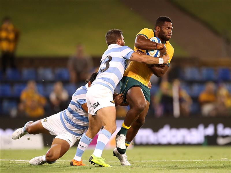 NEWCASTLE, AUSTRALIA - NOVEMBER 21: Filipo Daugunu of the Wallabies in action during the 2020 Tri-Nations match between the Australian Wallabies and the Argentina Pumas at McDonald Jones Stadium on November 21, 2020 in Newcastle, Australia. (Photo by Mark Kolbe/Getty Images)
