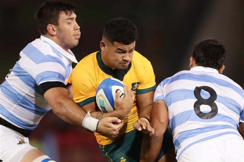 NEWCASTLE, AUSTRALIA - NOVEMBER 21: Hunter Paisami of the Wallabies is tackled during the 2020 Tri-Nations match between the Australian Wallabies and the Argentina Pumas at McDonald Jones Stadium on November 21, 2020 in Newcastle, Australia. (Photo by Mark Metcalfe/Getty Images)