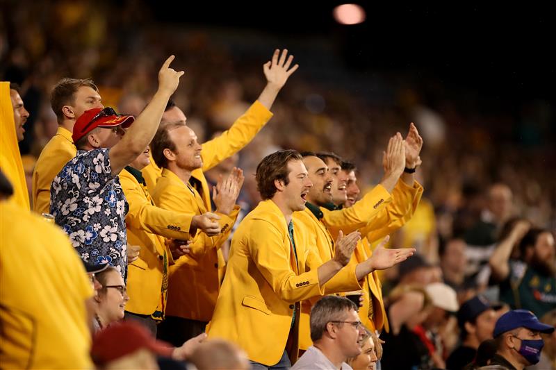 NEWCASTLE, AUSTRALIA - NOVEMBER 21: Wallabies fans show their support during the 2020 Tri-Nations match between the Australian Wallabies and the Argentina Pumas at McDonald Jones Stadium on November 21, 2020 in Newcastle, Australia. (Photo by Mark Kolbe/Getty Images)
