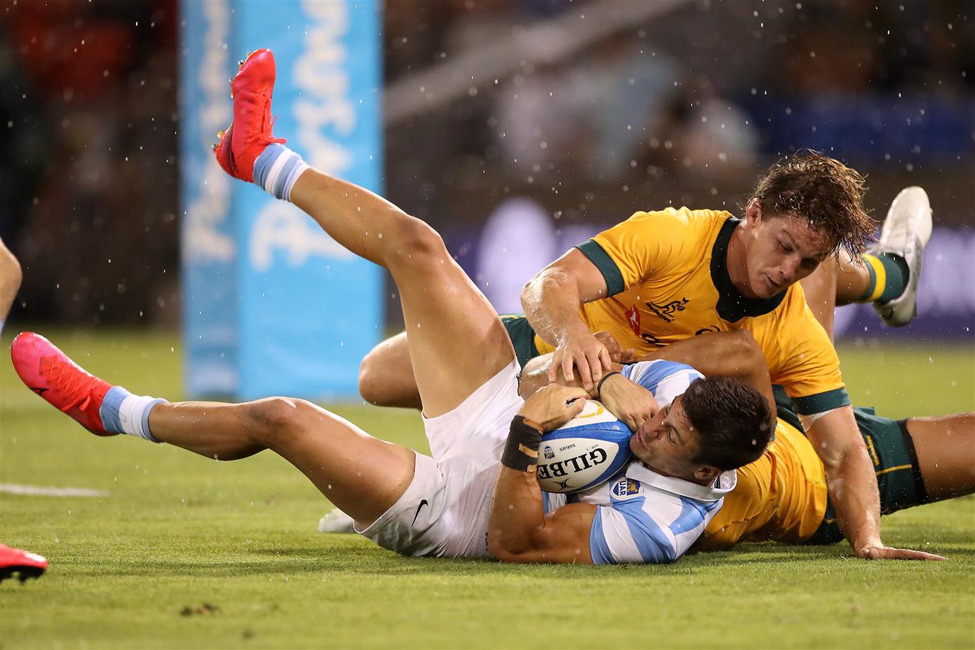 NEWCASTLE, AUSTRALIA - NOVEMBER 21: Bautista Delguy of the Pumas is tackled during the 2020 Tri-Nations match between the Australian Wallabies and the Argentina Pumas at McDonald Jones Stadium on November 21, 2020 in Newcastle, Australia. (Photo by Mark Kolbe/Getty Images)